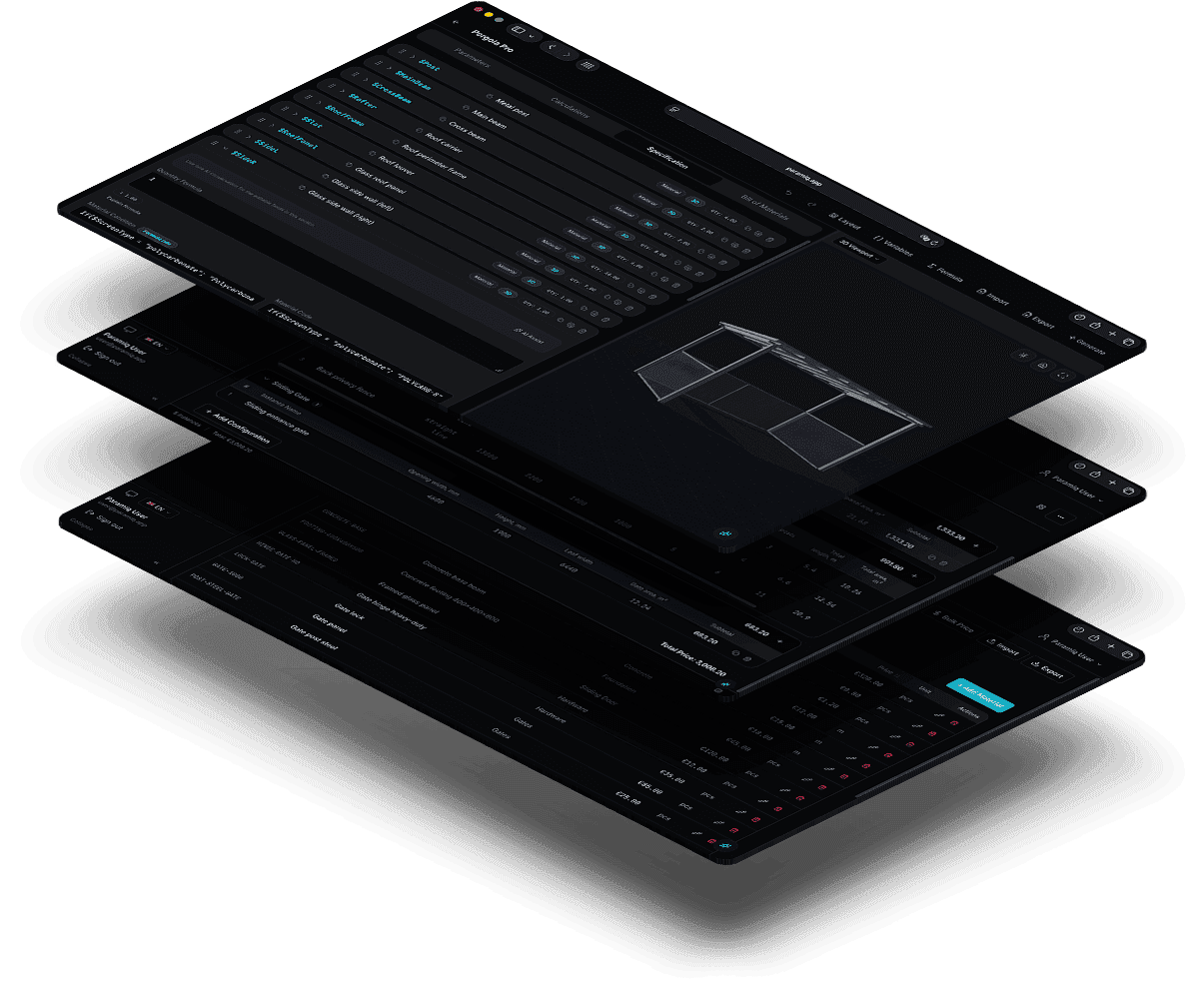 Paramiq editor showing product options, a 3D preview, and calculated material quantities