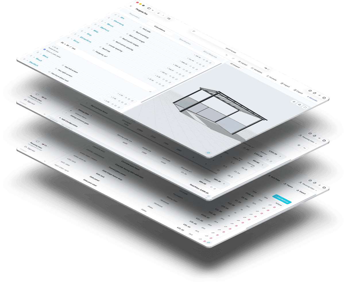Paramiq editor showing product options, a 3D preview, and calculated material quantities